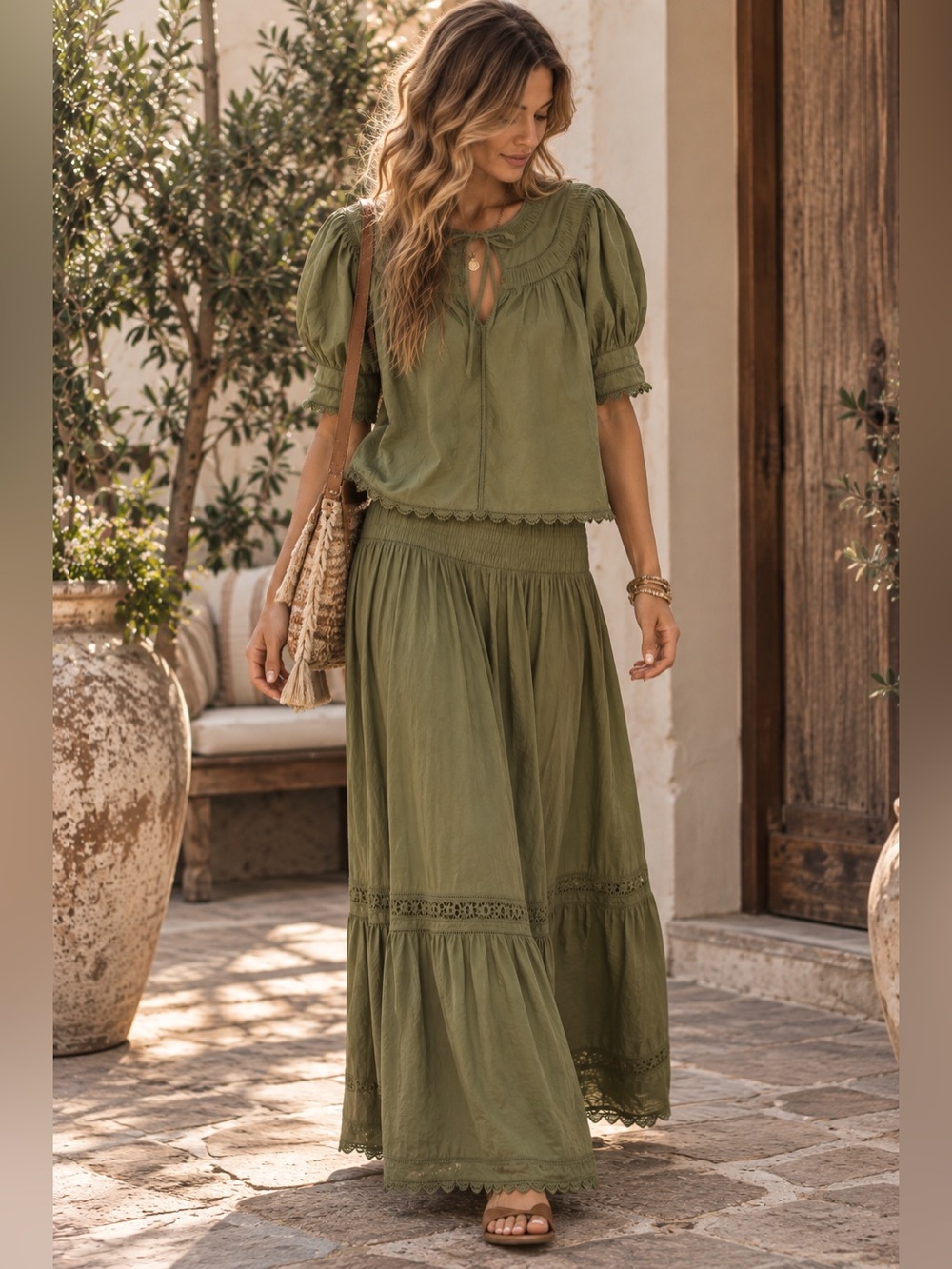 Ulla Johnson Olive Green Dylan Top and Dylan Tiered Maxi Skirt Cotton Set